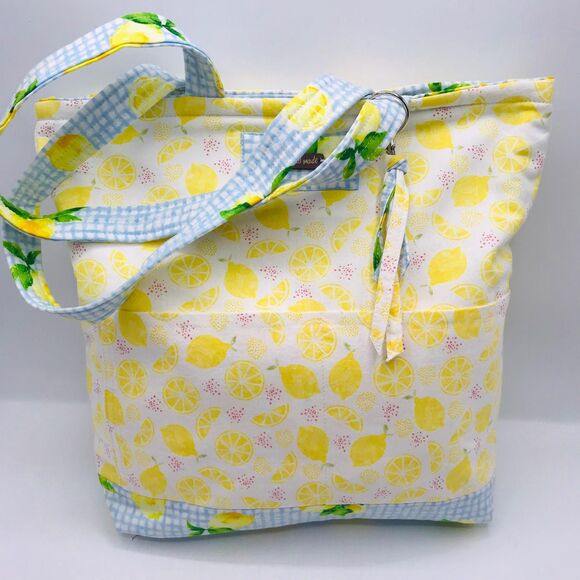 Basic Lizbet Library Market Tote Bag, Lemon Gingham 12 x 13.5 x 3" With Pockets - Picture 1 of 9